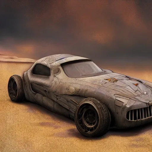 Prompt: full view of a car from WETA Workshop, some art style from Bruce Kaiser and Scott Robertson and Jon Sibal