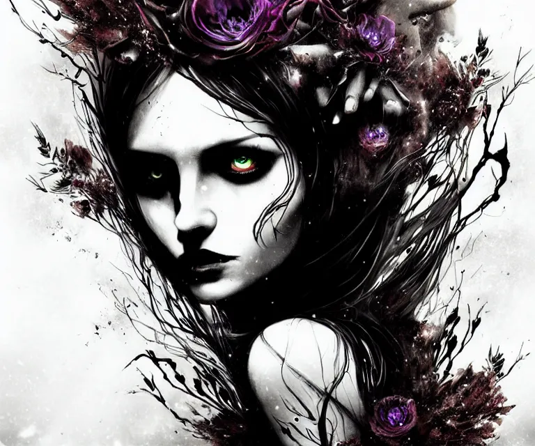 Image similar to stunning otherworldly gothic goddess of freewill, dark and mysterious, atmospheric, ominous, eerie, cinematic, epic, 8 k, ultra detail, ultra realistic | nights falling wind is blowwing snow is pilling concept art in style of carne griffiths artwork by xsullo. | backround of beautiful floweres floatingby elson, peter kemp, peter