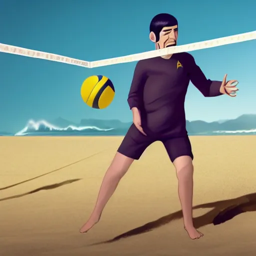 Prompt: Mr. Spock playing volleyball, smiling, sunny, beach, ultra realistic