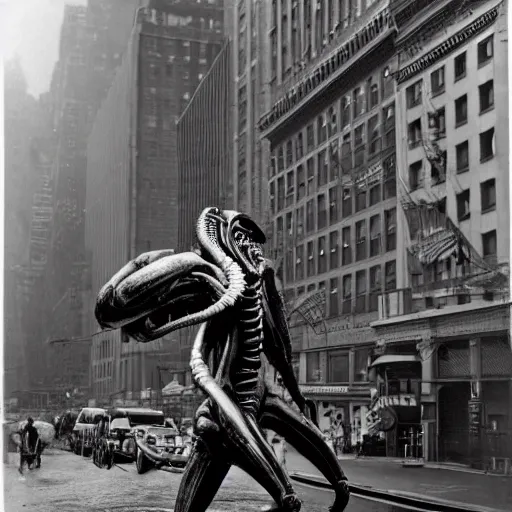 Image similar to old black and white photo, 1 9 1 3, depicting a xenomorph from the movie aliens rampaging through the bustling streets of new york city, historical record