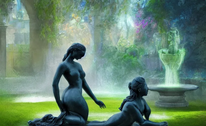 Prompt: The kneeling statue of a woman in a beautiful garden, next to a fountain and a mystical palace, and all this in a foggy and mysterious atmosphere.Fantasy and concept art, colorful digital painting.