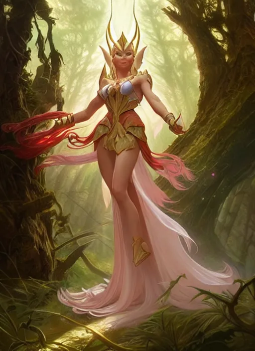 Image similar to she - ra in the enchanted mystical forest, d & d, fantasy, intricate, elegant, highly detailed, digital painting, artstation, concept art, smooth, sharp focus, illustration, art by artgerm and greg rutkowski and alphonse mucha