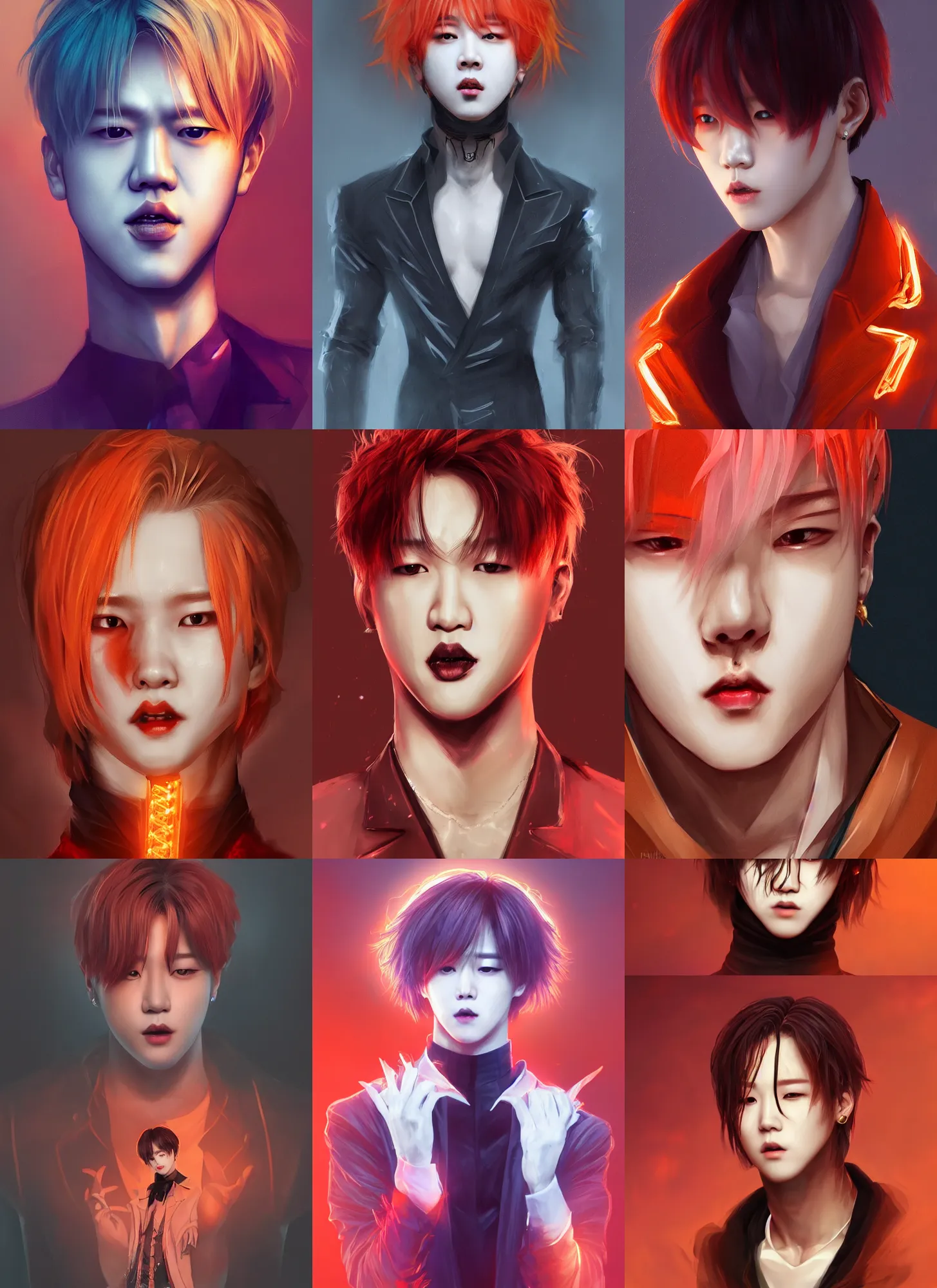 Prompt: park jimin as a vampire. wearing intricate styled outfit, semi realism, anime realism, symmetrical face, slim face, appealing, photorealism, uhd, amazing depth, glowing, golden ratio, sakimichan, greg rutowski, volumetric lighting, cinematic lighting, red orange lighting, artstation concept art