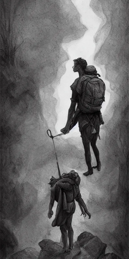 Prompt: The Fool tarot card, a man going on a journey, a large cumbersome backpack on, a small dog at his feet, black and white graphite drawing, matte painting