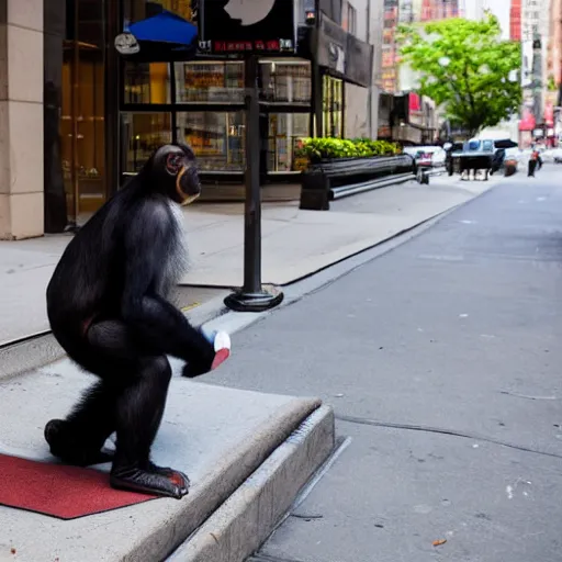 Image similar to a 5 0 mm photo of a chimpanzee in a business suit picking up pennies on a street in manhattan, hyperrealistic