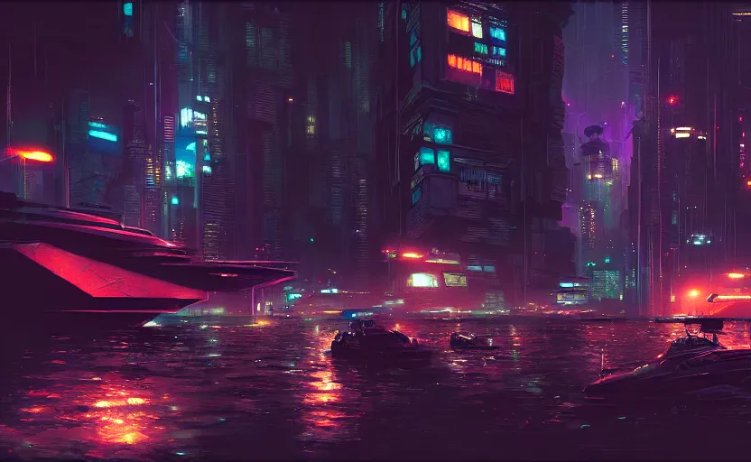 Image similar to a cyberpunk futuristi and cinematic harbour at night by greg ruthkowski and craig mullins