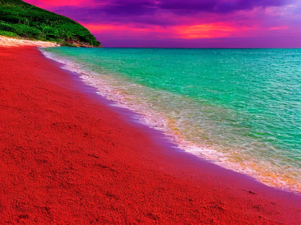 Image similar to purple table, red sand beach, green ocean, nebula sunset