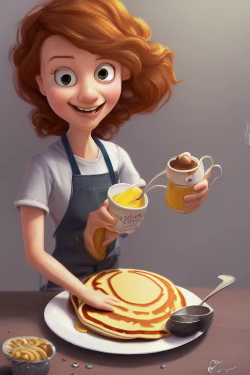 Image similar to katherine taubert making pancakes, animation pixar style, by pendleton ward, magali villeneuve, artgerm, rob rey and kentaro miura style, golden ratio, trending on art station