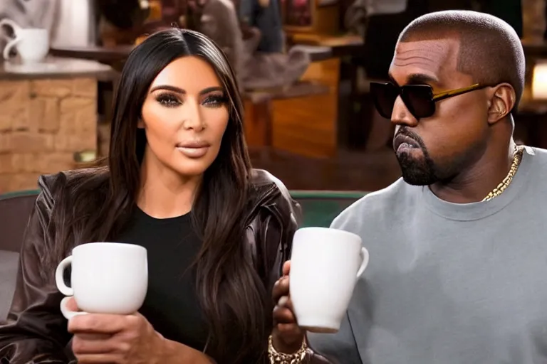 Image similar to Kanye West and Kim Kardashian (2018) are best friends, drinking coffee at central perk, still photo, hyperrealistic, highly detailed, 35mm, 8k, by weta digital