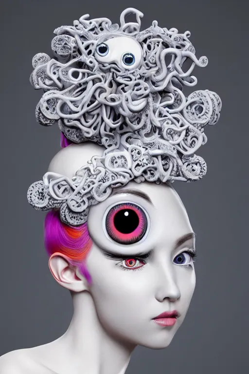 Image similar to 3 d full head and shoulders beautiful white porcelain woman smooth with colourful big eyeballs all through her hair, ornate detailed hair, 3 d swirling hair by theodor seuss geisel and daniel arsham and xiang duan, on a white background