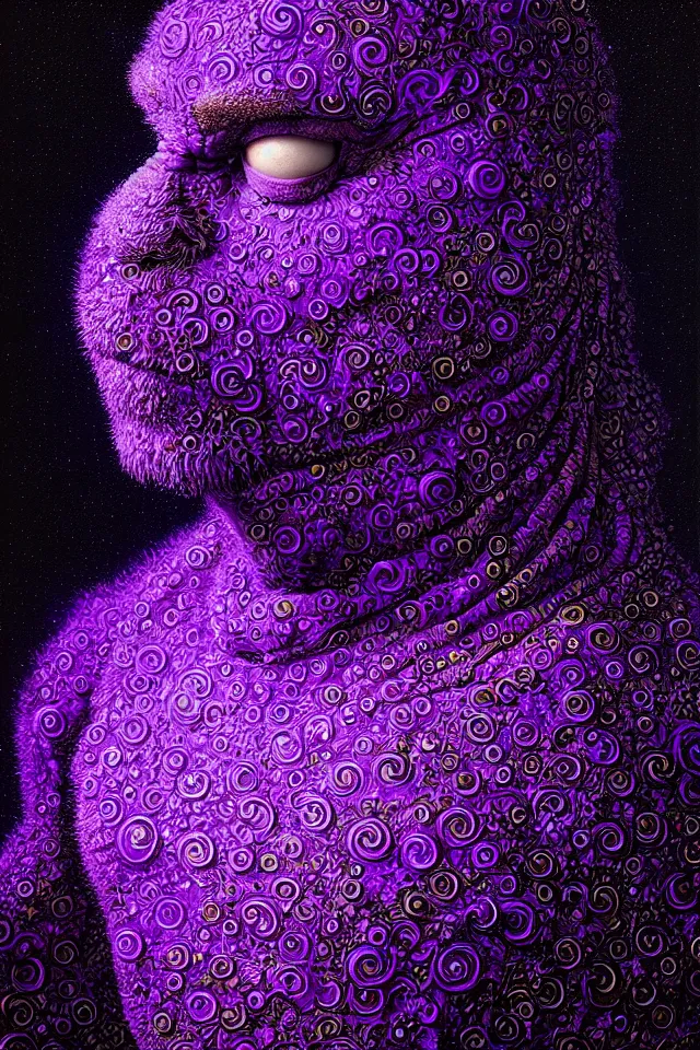 Image similar to bizarre purple blacklight detailed renaissance portrait of cookie monster as a highly detailed realistic real life person, dramatic cinematic lighting, 8 k, beautiful intricate painting by james r eads and tomasz alen kopera