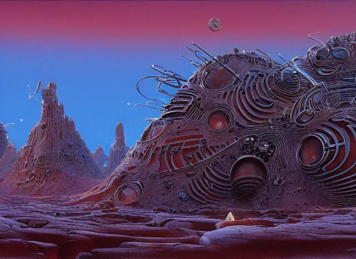 Image similar to strange surrealist detailed alien electronic-musical-instruments!! in a bryce 3d surrealist landscape biome, designed by john howe, and pixar!!, Michael Whelan art directs Dune (1984), hyper detailed, photorealistic, 8k, hd