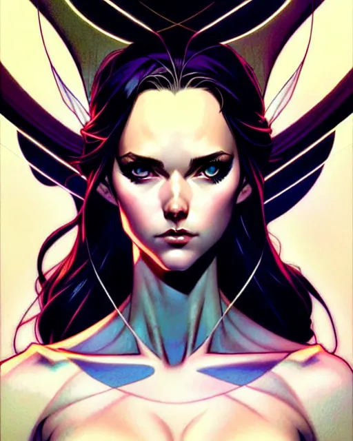 Image similar to artgerm, joshua middleton comic cover art, full body pretty even rachel wood faye elf, symmetrical eyes, symmetrical face, long curly black hair, beautiful forest, cinematic lighting