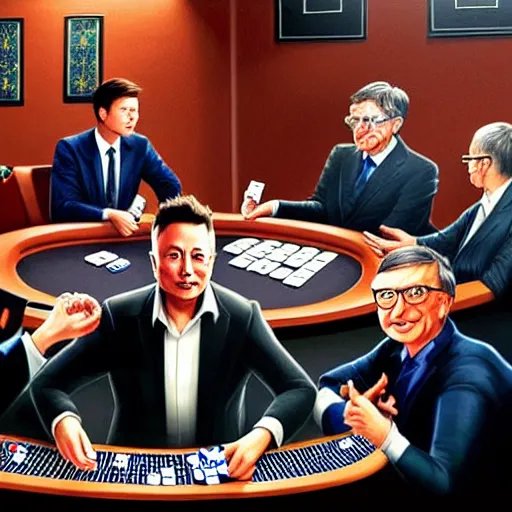 Prompt: UHD photorealistic Elon Musk playing poker with Satoshi Nakamoto, Klaus Schwab, and Bill Gates, hyperrealistic, correct details, cosmic studio lighting, symmetrical faces, accurate faces, by Greg Rutkowski