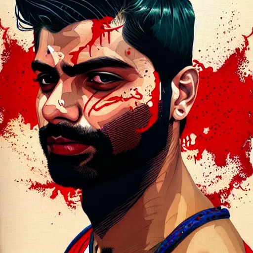 Image similar to a portrait of a pakistani man with side profile blood in ocean intricate details by MARVEL comics and Sandra Chevrier-C