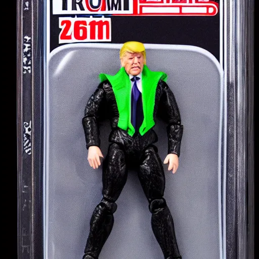 Image similar to action figure of Trump as Venom and shooting black web lines out of hair by Hasbro