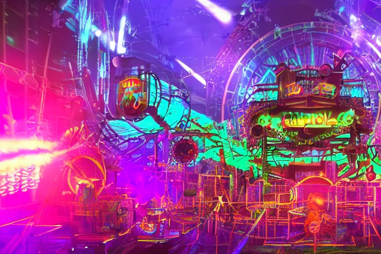 Image similar to an outdoor festival stage, big neon letters tripmachine, center of the stage is a big futuristic steampunk generator with gears and tubes, a rollercoaster wtih steamtrain over the stage, rock musicians on the stage, laser show, 8 k, fluorescent colors, halluzinogenic, multicolored, exaggerated detailed, unreal engine