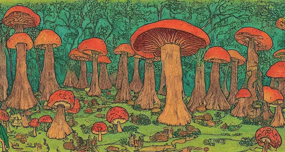 Image similar to A tribal village in a forest of giant mushrooms, by Ivan Bilibin,