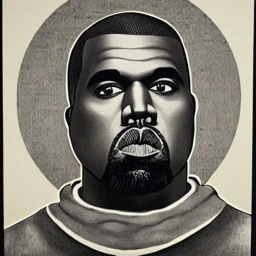 Prompt: Kanye West, Masonic lithography, black and white