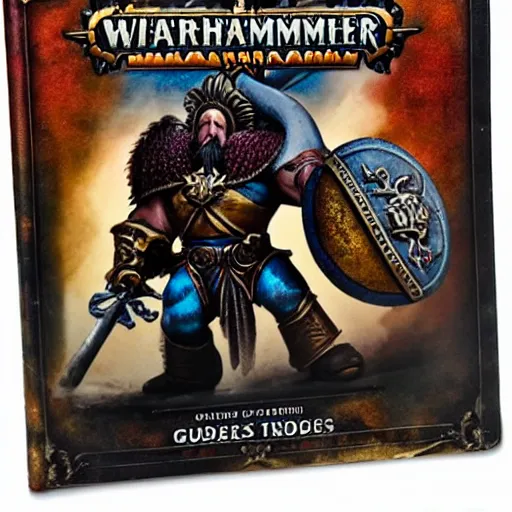 Prompt: Warhammer, Thorgrim Grudgebearer holding up his book of grudges