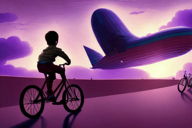 Prompt: kid rides a bicycle waving good bye to the airship at sunset, in the style of james jean, intricate and epic composition, purple by caravaggio, insanely quality, highly detailed, masterpiece, purple light, artstation, 4 k