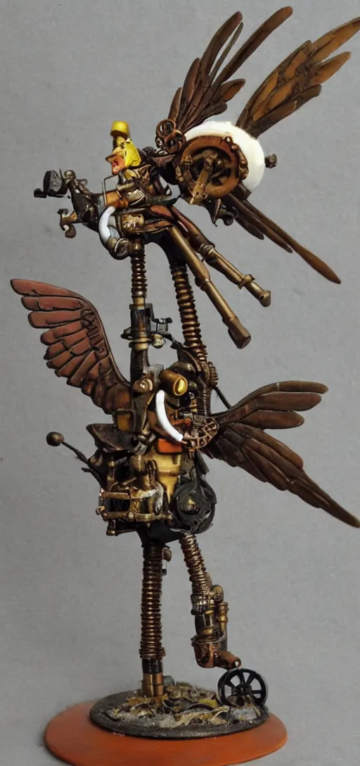 Prompt: Steampunk Avian Engineer In front of a flying machine