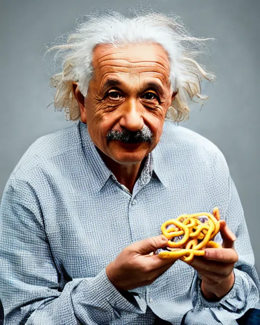 Image similar to a portrait of albert einstein sitting at the dining table with a plate containing jalebi in front of him, highly detailed, trending on artstation, bokeh, 9 0 mm, f / 1. 4