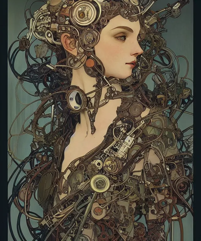 Image similar to realistic detailed portrait of a humanoid mecha cyberpunk! goddess by Alphonse Mucha and Charlie Bowater and art germ, rule of thirds, golden ratio, Art Nouveau! cyberpunk! style, mechanical accents!, mecha plate armor, flowing wires with leaves, art nouveau accents, art nouveau patterns and geometry, rich deep moody colors, portrait style with the subject in the middle of the frame