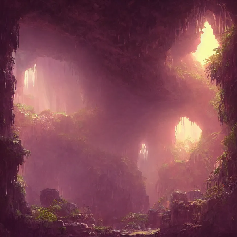 Prompt: interior of a cave with ancient ruins and plants with lights, retrowave epic art, trending on artstation, cgsociety