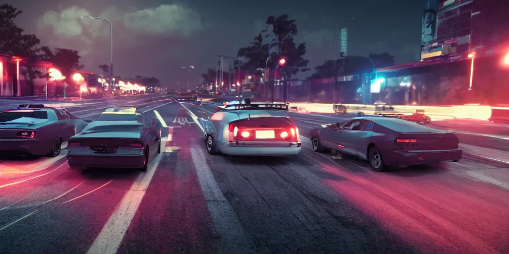 Image similar to two cars drag racing in the middle of the night while being chased by the police, realism, octane render, 3 d render, intense, synthwave