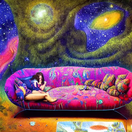 Image similar to psychedelic couch sofa in the lush forest, milky way, designed by arnold bocklin, jules bastien - lepage, tarsila do amaral, wayne barlowe and gustave baumann, cheval michael, trending on artstation, mediterranean, star, sharp focus, colorful refracted sparkles and lines, soft light, 8 k 4 k