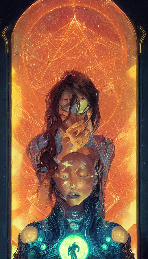 Prompt: tarot card, altered carbon, neon, fool, dreamy vibe, fibonacci, sweat drops, insane intricate, highly detailed, digital painting, artstation, concept art, smooth, sharp focus, illustration, unreal engine 5, 8 k, art by artgerm and greg rutkowski and alphonse mucha