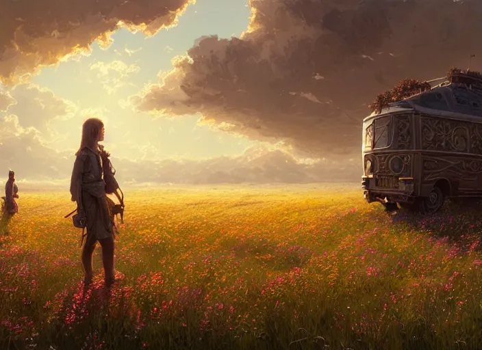 Image similar to detailed intricate digital illustration by greg rutkowski and and wlop and sanford robinson gifford ; conversion van, beautiful meadow with colorful flowers and puffy clouds in background ; 1 3 mm film, arri alfa anamorphic lens ; sharp focus, golden hour lighting, trending on artstation 4 k ; close view