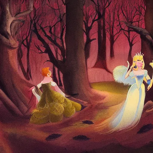 Image similar to A detailed painting of Princess Aurora singing in the woods while animals look on. The colors are light and airy, with a hint of mystery in the shadows. The overall effect is dreamlike and fairy-tale like. warm red, Prada by Leiji Matsumoto control the soul, fantastic