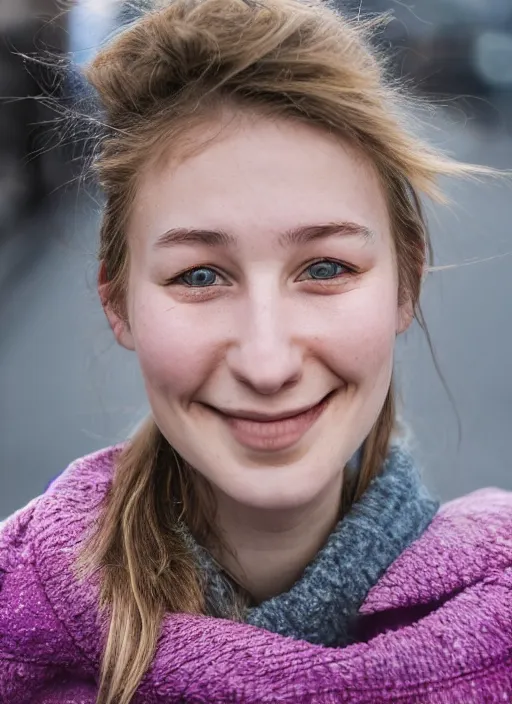 Image similar to Mid-shot portrait of a beautiful 20-year-old woman from Iceland, smile, happy, candid street portrait in the style of Martin Schoeller award winning, Sony a7R