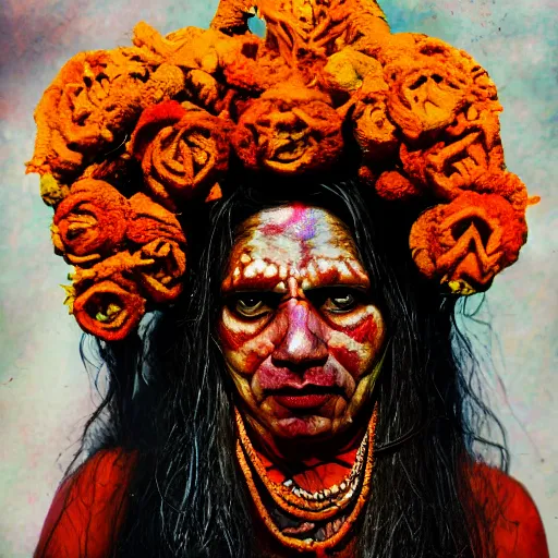 Image similar to realistic exposed expired fuji film portrait of aghori tantrik india woman, tentacled creature mix, marigold celestial vibe, hyperrealism, hypermaxiymalism, photorealistic, detailed, atmospheric, 8 k, award winning photography, cinematic