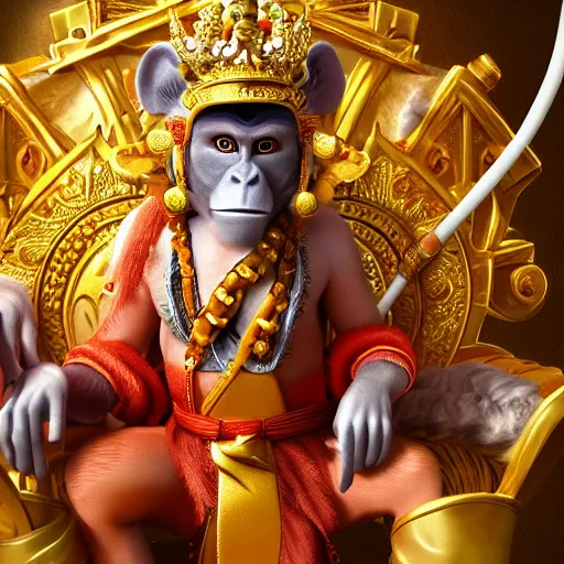 Image similar to monkey king godly lord of monkeys, wearing a crown, holding a staff, sitting in throne 8 k render high detail