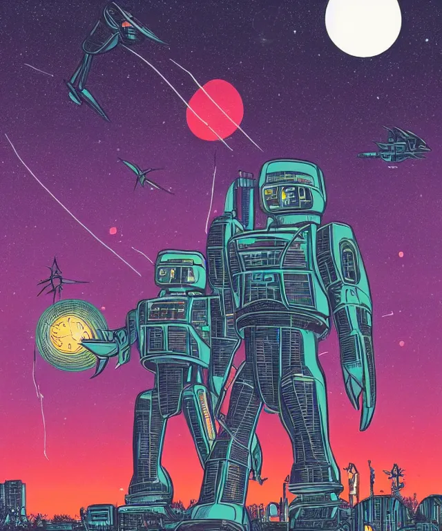 Image similar to gigantic solar robots towering over a small city meteor in the dark starry sky by laurie greasley and kelly freas