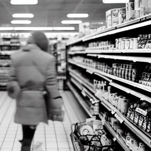 Image similar to cctv camera still of a werewolf shopping in a grocery store