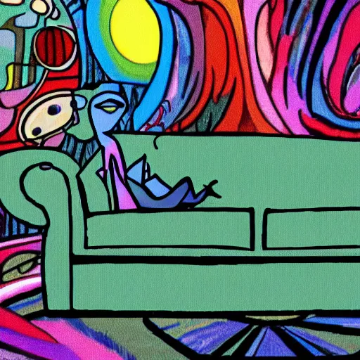 Image similar to couch sofa chesterfield flying through space psychedelic trippy eldritch horror cartoon