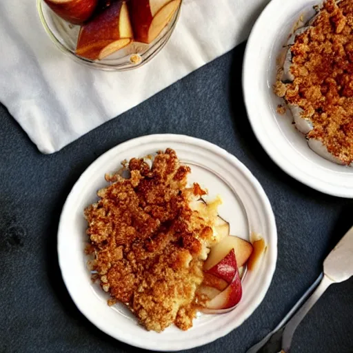 Prompt: caramelized apple on almond crumble fine dining