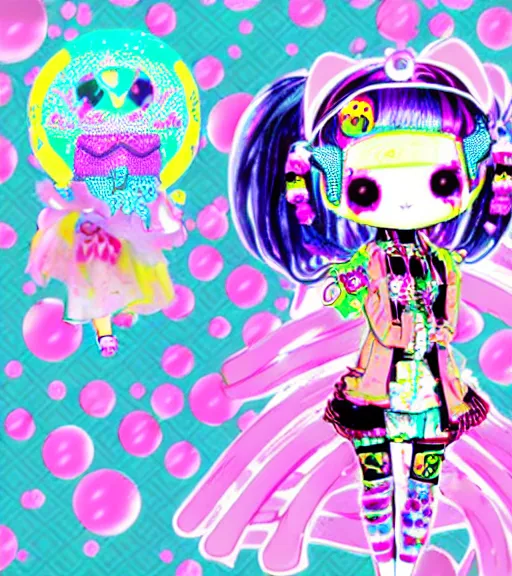 Prompt: cybergoth decora glitchcore yokai girl, sanrio tamagotchi moe ornaments, pastel cute cinematography