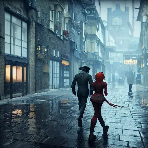 Image similar to corvo attano and asuka langley roaming dunwall streets, dunwall city, redshift render, cinematic lighting, rainy weather, melancholy atmosphere, dunwall city, volumetric light, octane render, dishonored game, dishonored 1, gothic architecture, realistic reflections, octane render 8 k