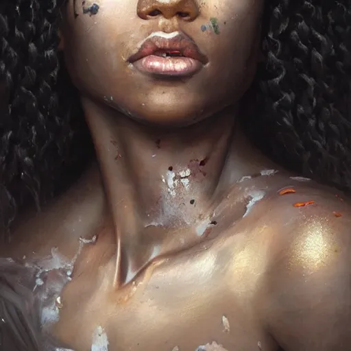 Prompt: portrait painting of beautiful bloodied black girl, ultra realistic, concept art, intricate details, eerie, highly detailed, photorealistic, octane render, 8 k, unreal engine. art by artgerm and greg rutkowski and alphonse mucha