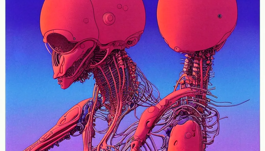 Image similar to ( ( ( ( a humanoid creature from another planet. ) ) ) ) by mœbius!!!!!!!!!!!!!!!!!!!!!!!!!!!, overdetailed art, colorful, artistic record jacket design