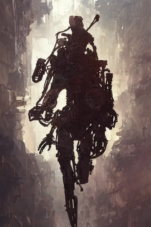 Image similar to A full portrait of a post apocalyptic spiderman machine, intricate, elegant, highly detailed, digital painting, artstation, concept art, smooth, sharp focus, illustration, art by Krenz Cushart and Artem Demura and alphonse mucha