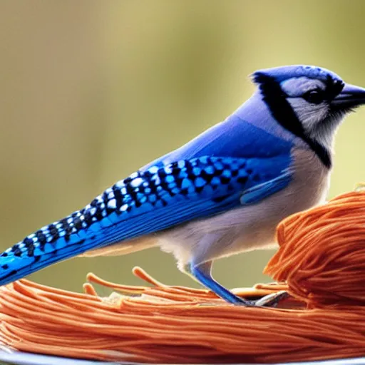 Image similar to blue jay with spaghetti in beak