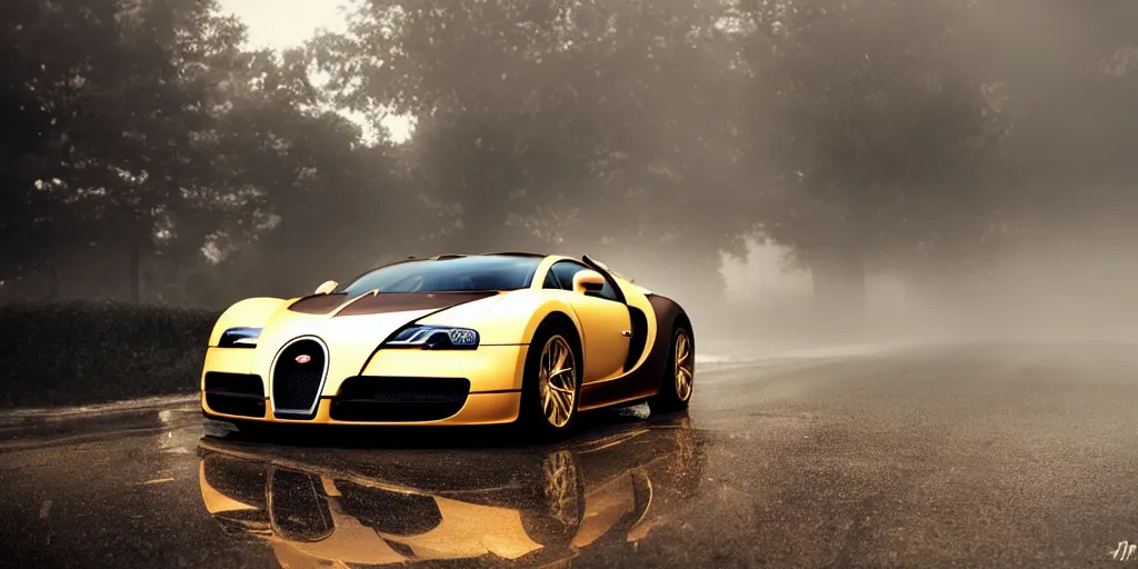 Image similar to parked Bugatti Veyron EB 16.4, environment reflected in the polished car, fog, rain, volumetric lighting, beautiful, golden hour, sharp focus, ultra detailed, cgsociety