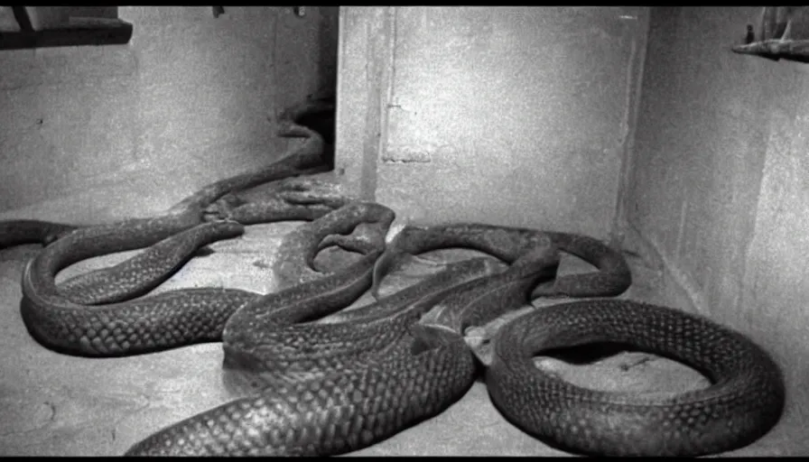 Image similar to several big snakes in a stalinist style kitchen, by mini dv camera, very very low quality, heavy grain, very blurry, accidental flash, webcam footage, found footage, security cam, caught on trail cam