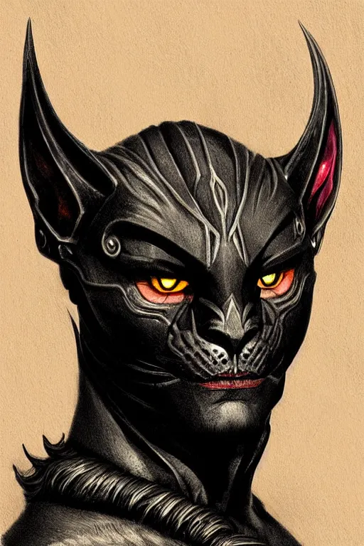 Prompt: head and shoulders portrait of an eldrich knight, drow, dark elf, shadar kai, armored, magical, male, black cat familiar, high fantasy, d & d, by boris vallejo, face details, extremely detailed, digital illustration